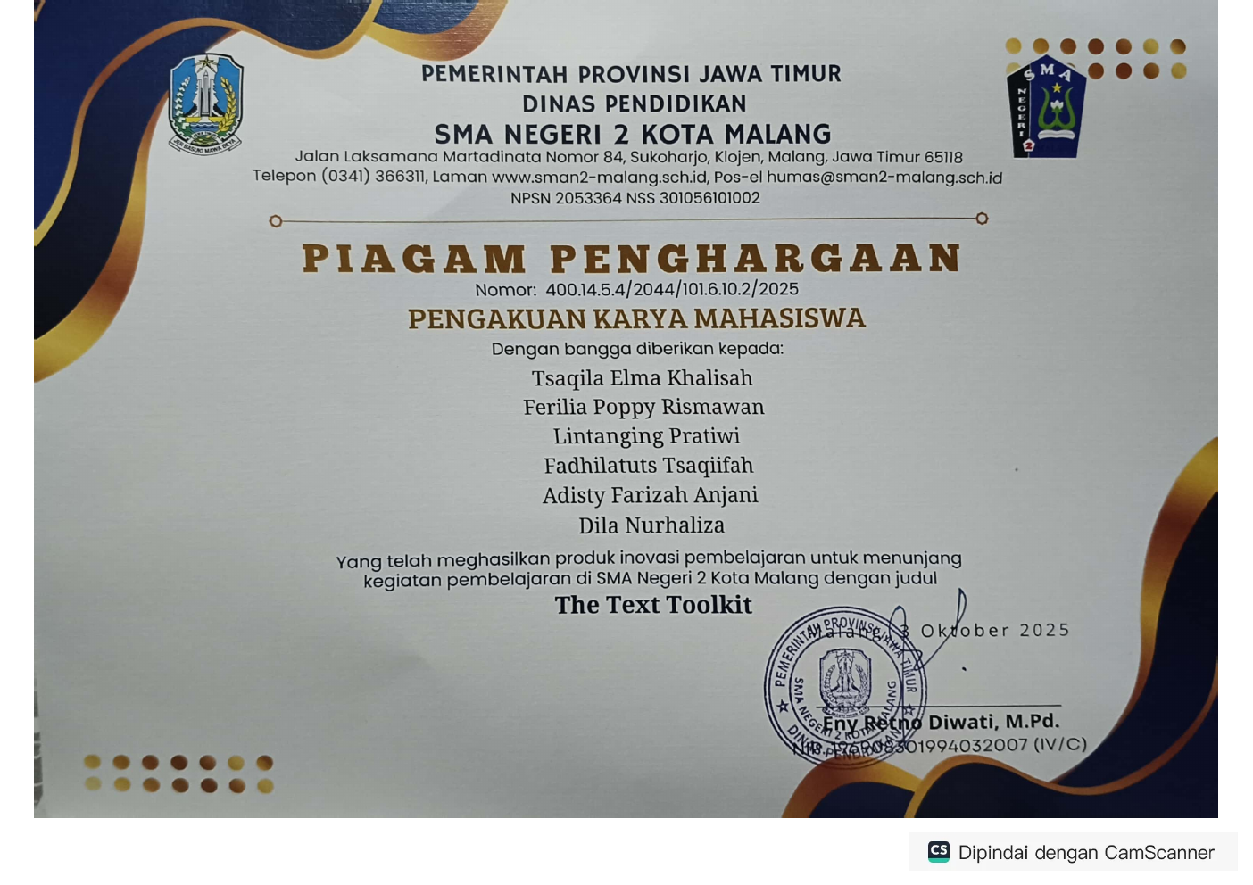 Recognition certificate for The Text Toolkit learning innovation