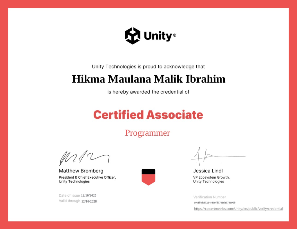 Sertifikat Unity Certified Associate Programmer Hikma Maulana